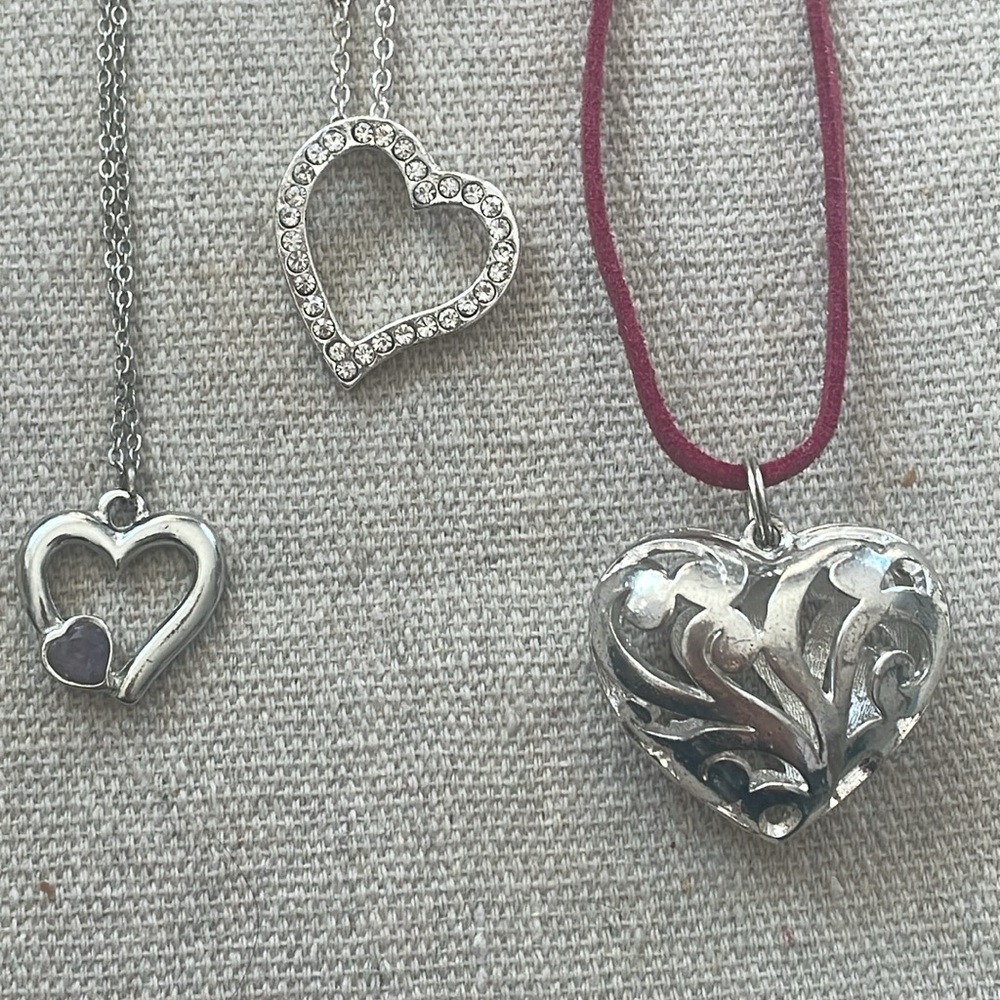 Heart necklace trio set. 3 different heart pendants. Silver Tone size in photo